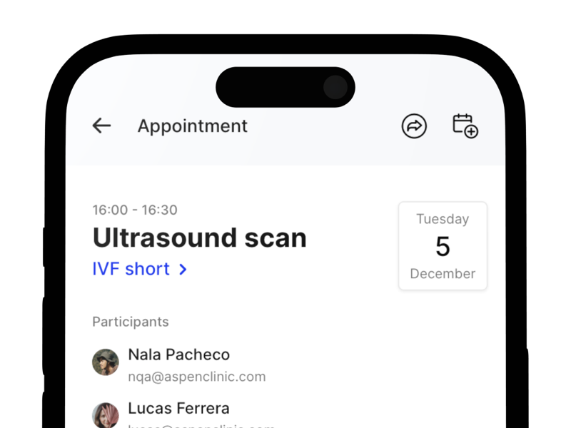 A screenshot showing an ultrasound appointment scheduled in the wawa fertility patient app