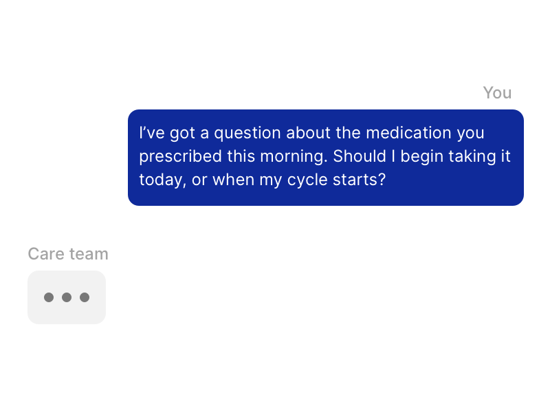 A screenshot showing a patient messaging their care team member about medication in the wawa fertility patient app